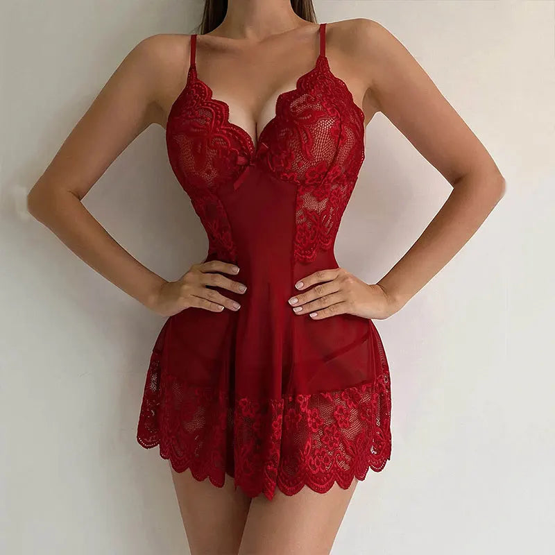 G-string Nightgown Set For Sexy Woman Ultra-thin See-through Pajama Sets Lace Sleepwear Suspender Lingerie