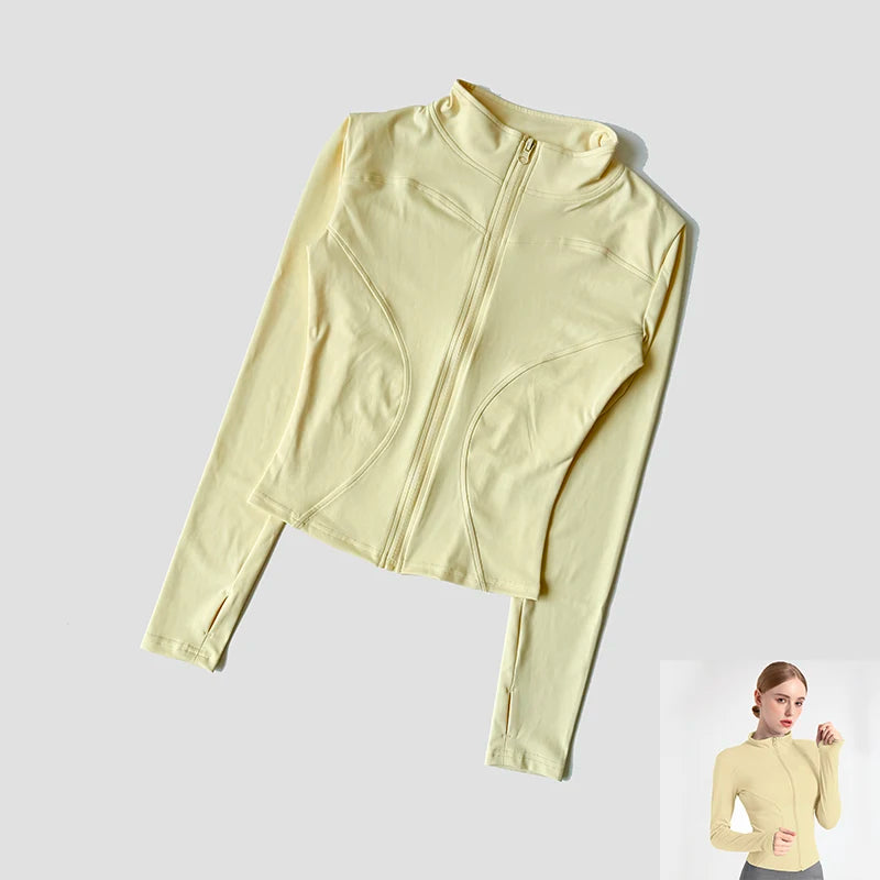 Women Slim Yoga Clothes Quick Dry Zipper Cardigan Stand Up Collar Jacket Outdoor Long Sleeved Running Fitness Sports Top