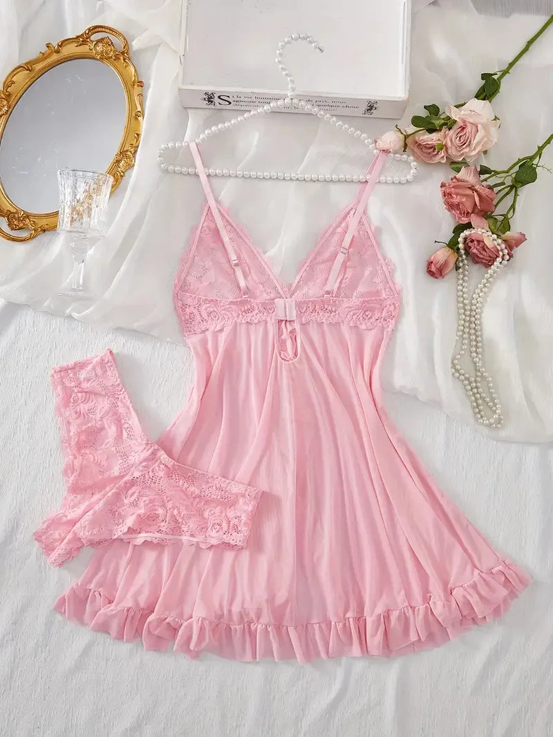 Ice Silk Thin Halter Sexy Pajamas Lace Nightdress And Thong Sets Plus Size Nightwear Women Underwear Sleepwear Transparent Dress