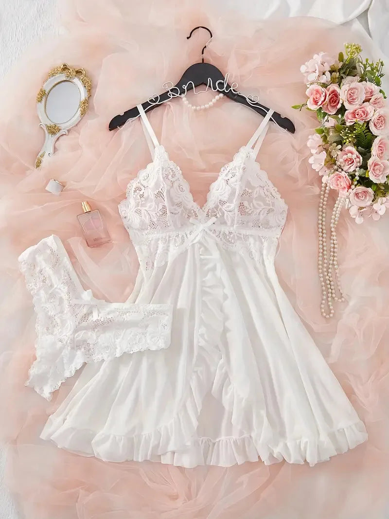 Ice Silk Thin Halter Sexy Pajamas Lace Nightdress And Thong Sets Plus Size Nightwear Women Underwear Sleepwear Transparent Dress