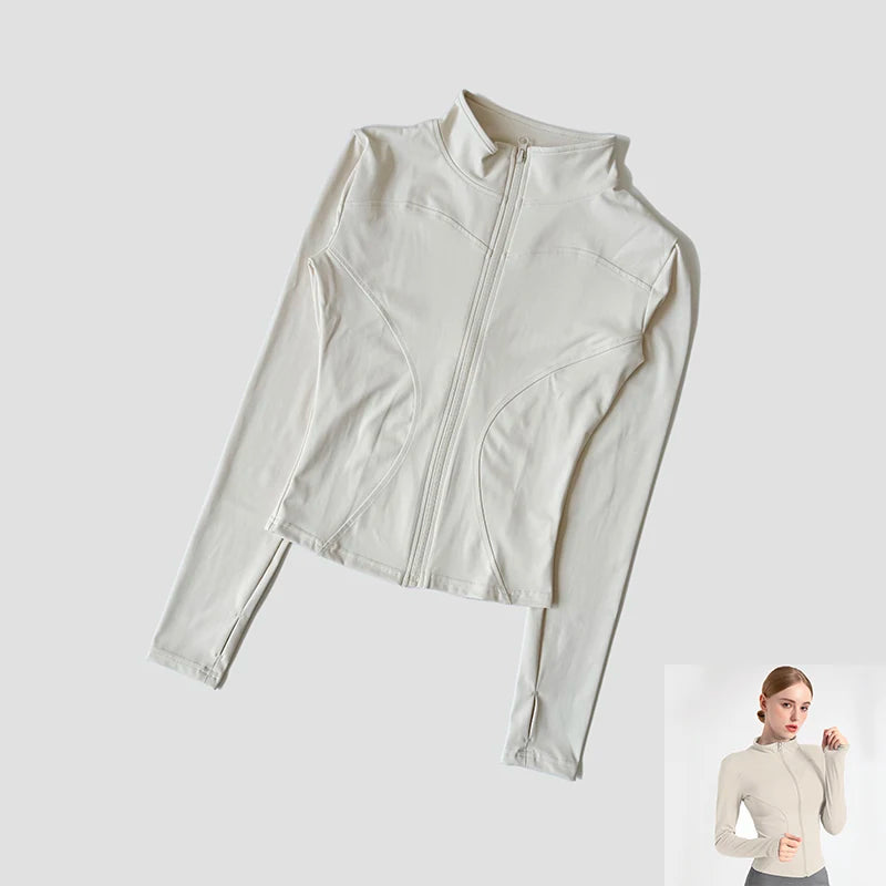 Women Slim Yoga Clothes Quick Dry Zipper Cardigan Stand Up Collar Jacket Outdoor Long Sleeved Running Fitness Sports Top