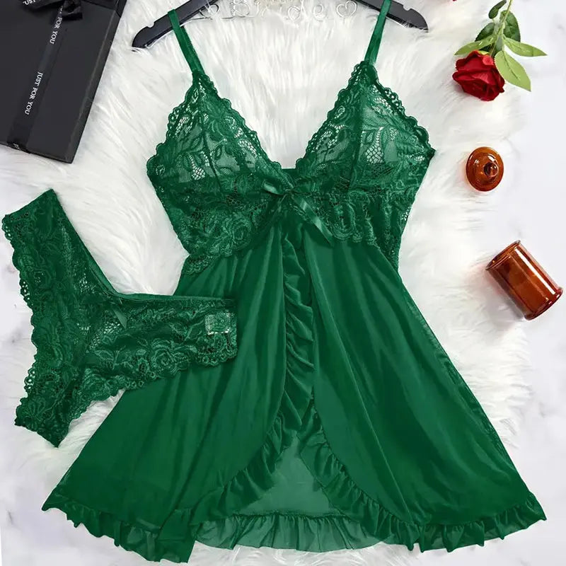 Ice Silk Thin Halter Sexy Pajamas Lace Nightdress And Thong Sets Plus Size Nightwear Women Underwear Sleepwear Transparent Dress