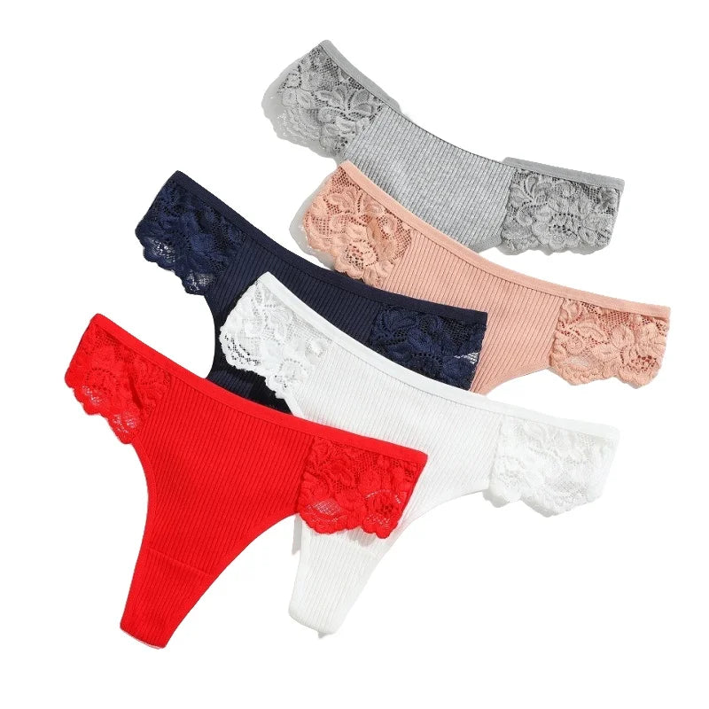 4Pcs/Set Women's Cotton Thongs Sexy Underwear Solid Color Low Waist Panties Breathable Lace Trims G-string Sexy Lingerie
