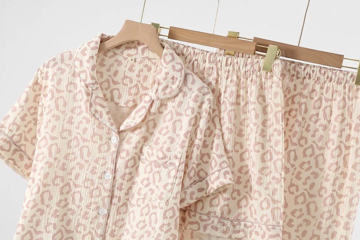 100% Cotton Gauze Women Pajama 3 Piece set European and American style Leopard Print Homewear Summer Women's Pajama Set