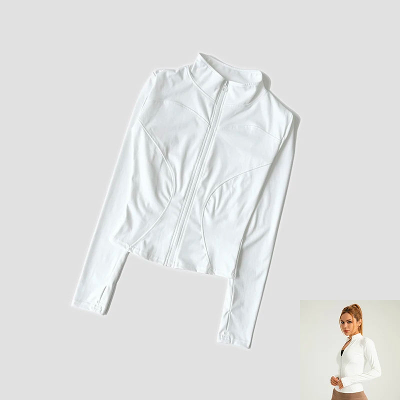 Women Slim Yoga Clothes Quick Dry Zipper Cardigan Stand Up Collar Jacket Outdoor Long Sleeved Running Fitness Sports Top