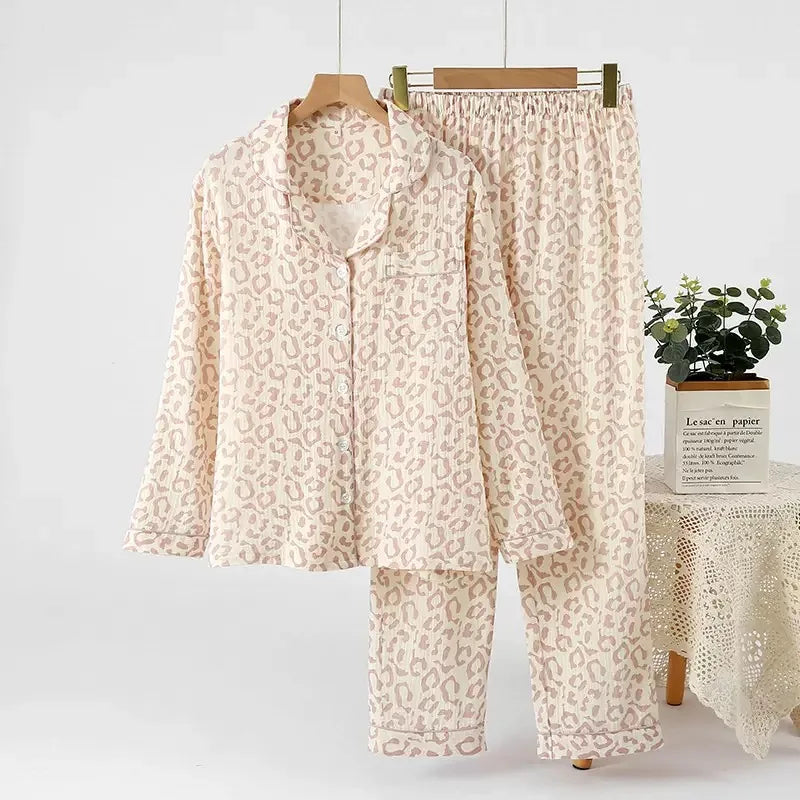 100% Cotton Gauze Women Pajama 3 Piece set European and American style Leopard Print Homewear Summer Women's Pajama Set
