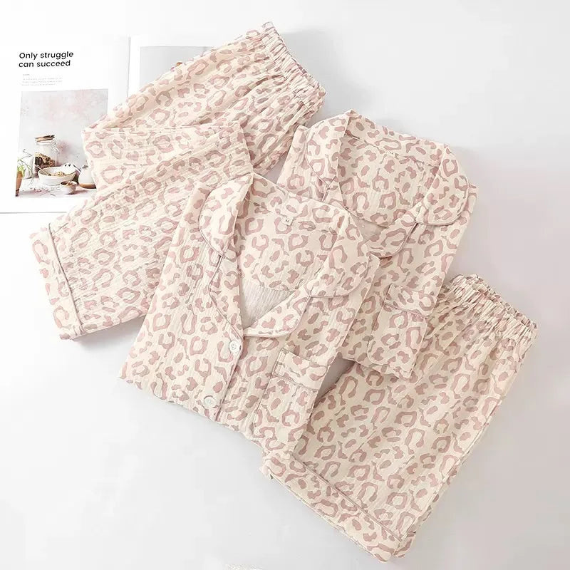 100% Cotton Gauze Women Pajama 3 Piece set European and American style Leopard Print Homewear Summer Women's Pajama Set