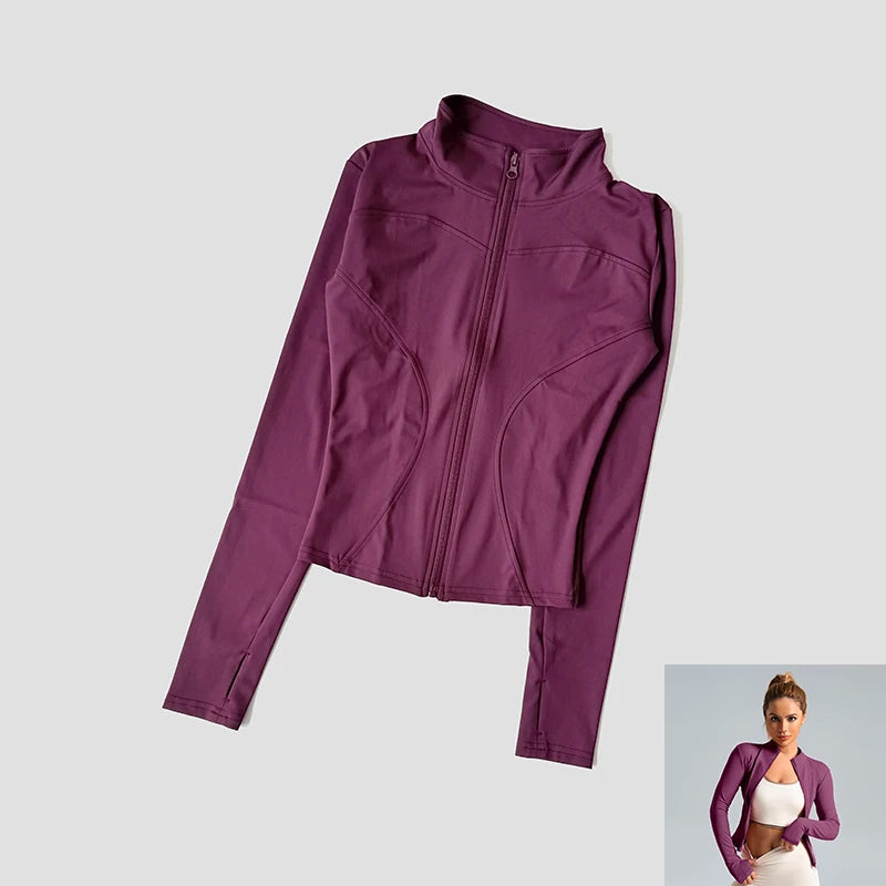 Women Slim Yoga Clothes Quick Dry Zipper Cardigan Stand Up Collar Jacket Outdoor Long Sleeved Running Fitness Sports Top