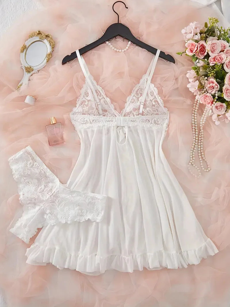 Ice Silk Thin Halter Sexy Pajamas Lace Nightdress And Thong Sets Plus Size Nightwear Women Underwear Sleepwear Transparent Dress