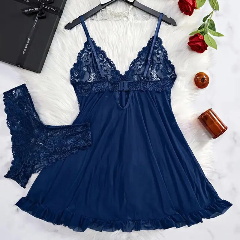 Ice Silk Thin Halter Sexy Pajamas Lace Nightdress And Thong Sets Plus Size Nightwear Women Underwear Sleepwear Transparent Dress