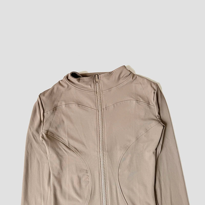 Women Slim Yoga Clothes Quick Dry Zipper Cardigan Stand Up Collar Jacket Outdoor Long Sleeved Running Fitness Sports Top