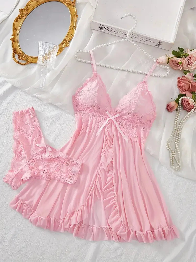 Ice Silk Thin Halter Sexy Pajamas Lace Nightdress And Thong Sets Plus Size Nightwear Women Underwear Sleepwear Transparent Dress
