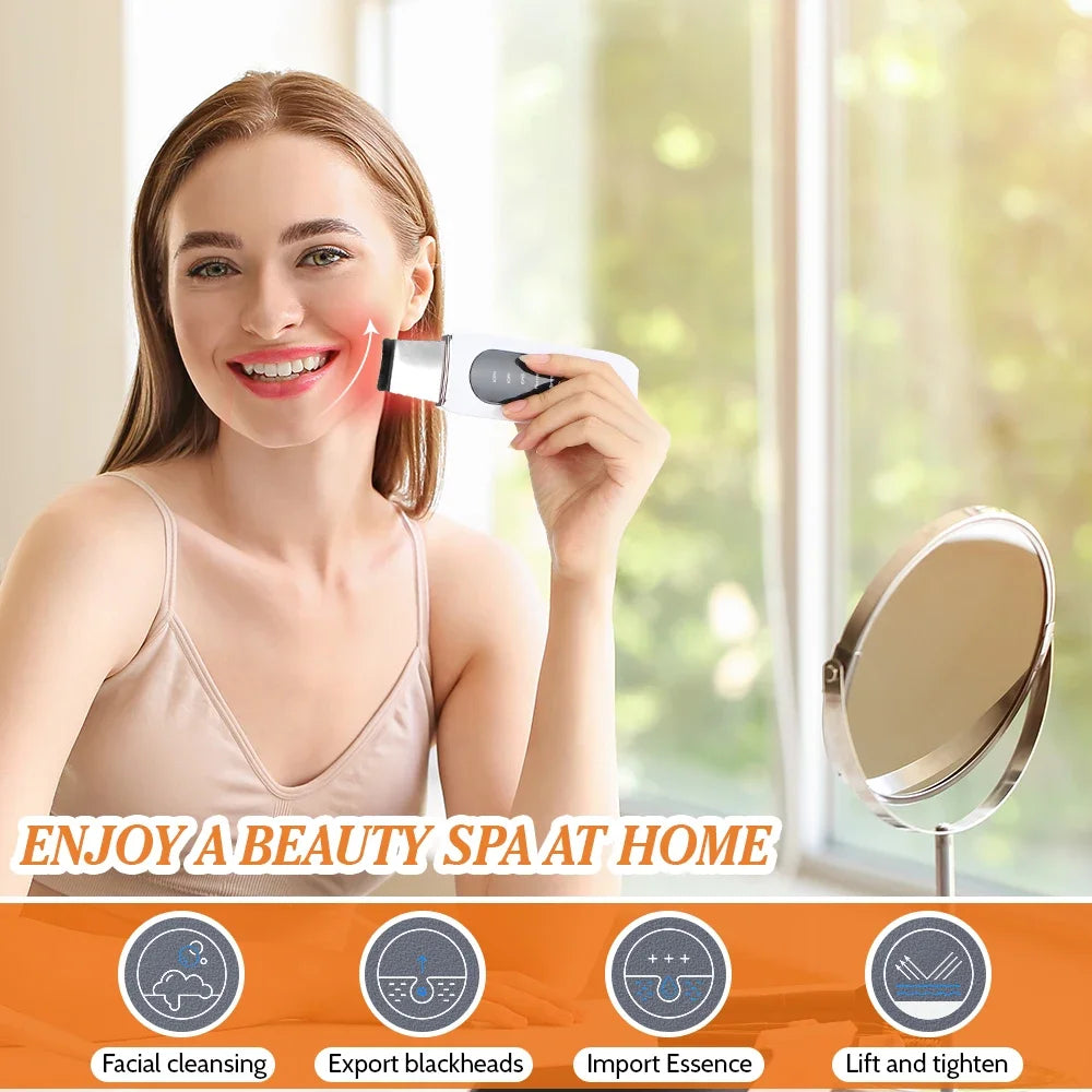 Beauty Product Facial Lift Deep Face Cleaning Red Blue Light Electric Dead Ultrasonic Face Sonic Skin Scrubber Spatula