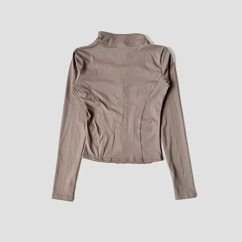 Women Slim Yoga Clothes Quick Dry Zipper Cardigan Stand Up Collar Jacket Outdoor Long Sleeved Running Fitness Sports Top
