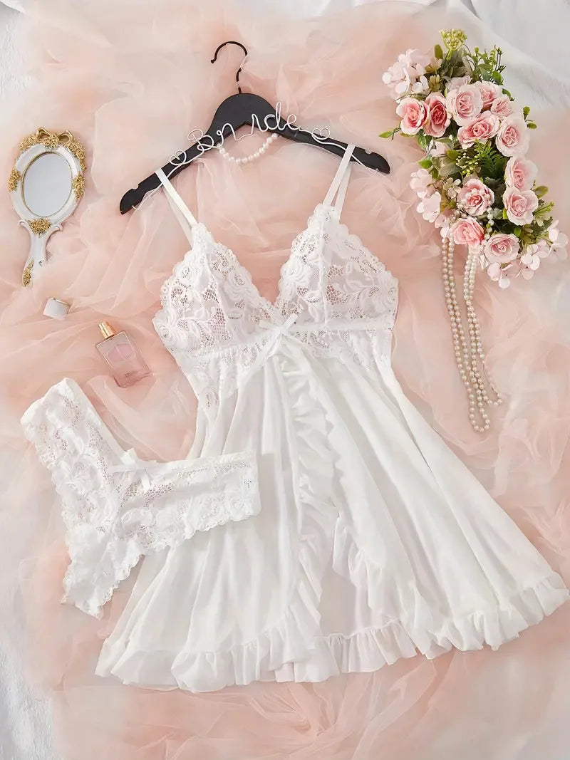 Ice Silk Thin Halter Sexy Pajamas Lace Nightdress And Thong Sets Plus Size Nightwear Women Underwear Sleepwear Transparent Dress