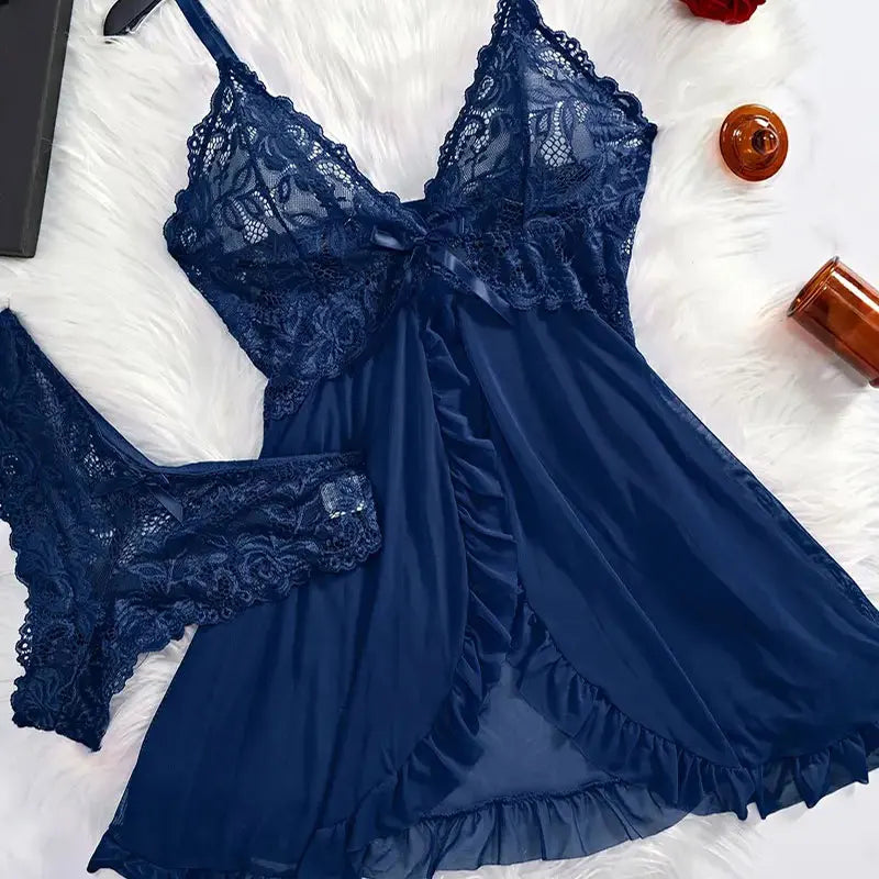 Ice Silk Thin Halter Sexy Pajamas Lace Nightdress And Thong Sets Plus Size Nightwear Women Underwear Sleepwear Transparent Dress