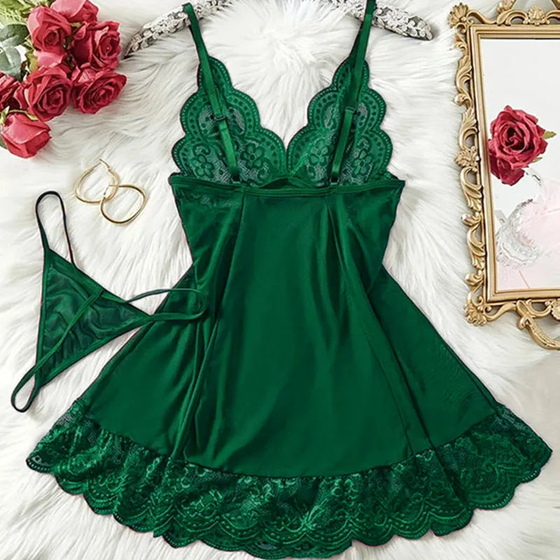 G-string Nightgown Set For Sexy Woman Ultra-thin See-through Pajama Sets Lace Sleepwear Suspender Lingerie