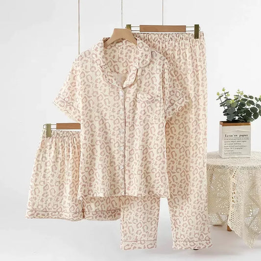100% Cotton Gauze Women Pajama 3 Piece set European and American style Leopard Print Homewear Summer Women's Pajama Set