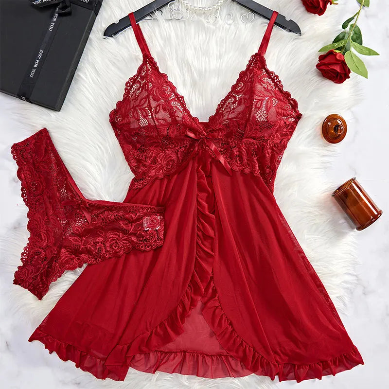 Ice Silk Thin Halter Sexy Pajamas Lace Nightdress And Thong Sets Plus Size Nightwear Women Underwear Sleepwear Transparent Dress
