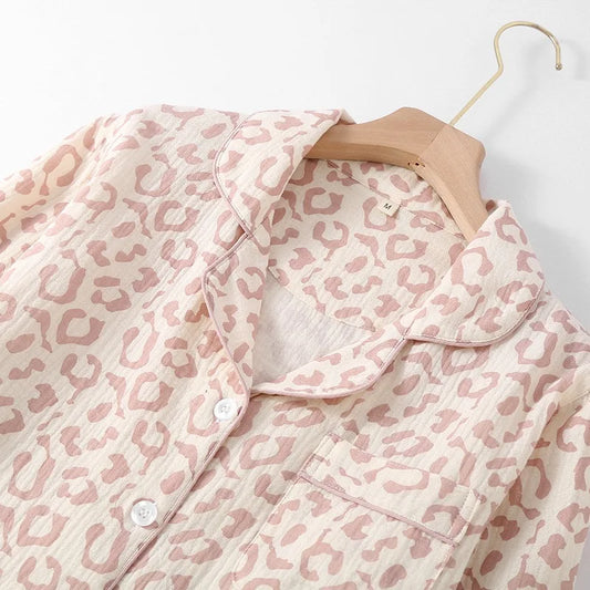 100% Cotton Gauze Women Pajama 3 Piece set European and American style Leopard Print Homewear Summer Women's Pajama Set