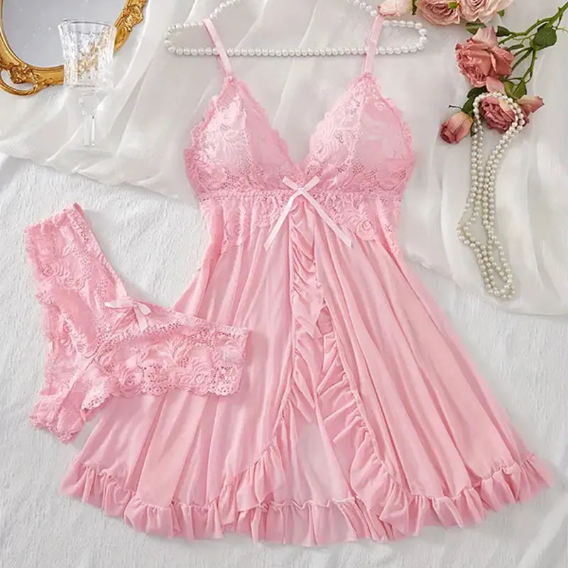 Ice Silk Thin Halter Sexy Pajamas Lace Nightdress And Thong Sets Plus Size Nightwear Women Underwear Sleepwear Transparent Dress