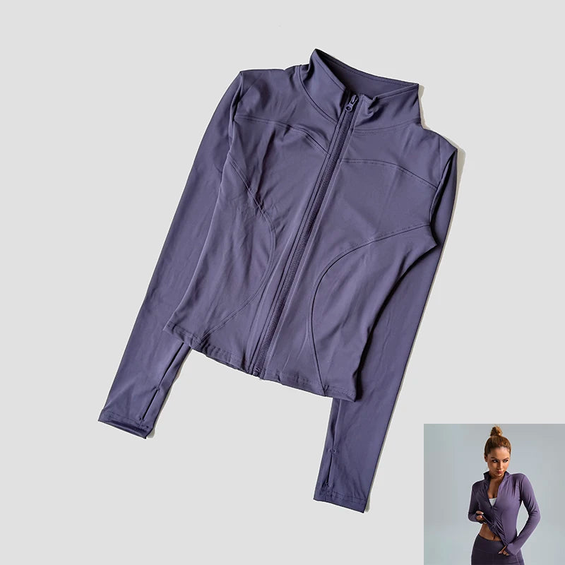 Women Slim Yoga Clothes Quick Dry Zipper Cardigan Stand Up Collar Jacket Outdoor Long Sleeved Running Fitness Sports Top