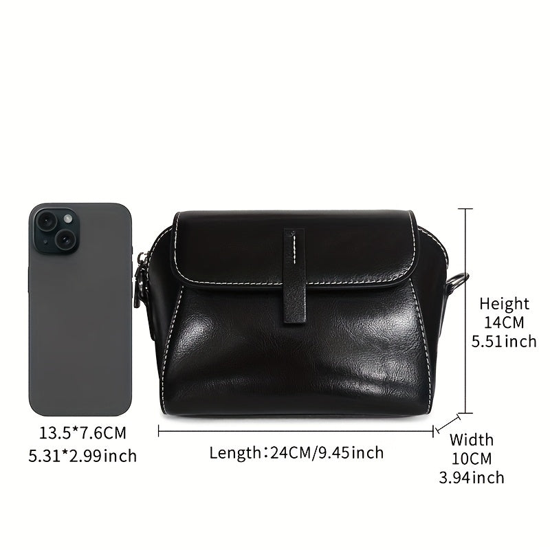 Vintage Black Genuine Leather Shoulder Bag for Women - Adjustable Detachable Strap, Zipper & Magnetic Closure, Compact Crossbody Handbag for Phone & Essentials, Retro Style.