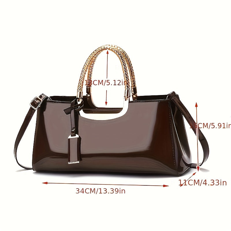 Elegant Black Patent Leather Evening Handbag - Golden-Tone Hardware & Top Handle, High-Quality for Weddings, Parties, Vacations - Women's Fashion Purse