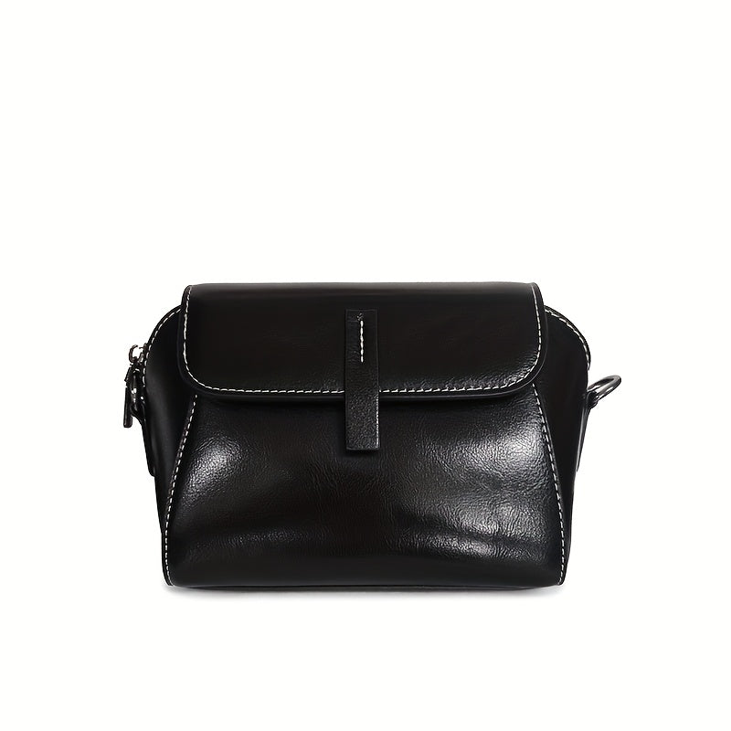 Vintage Black Genuine Leather Shoulder Bag for Women - Adjustable Detachable Strap, Zipper & Magnetic Closure, Compact Crossbody Handbag for Phone & Essentials, Retro Style.