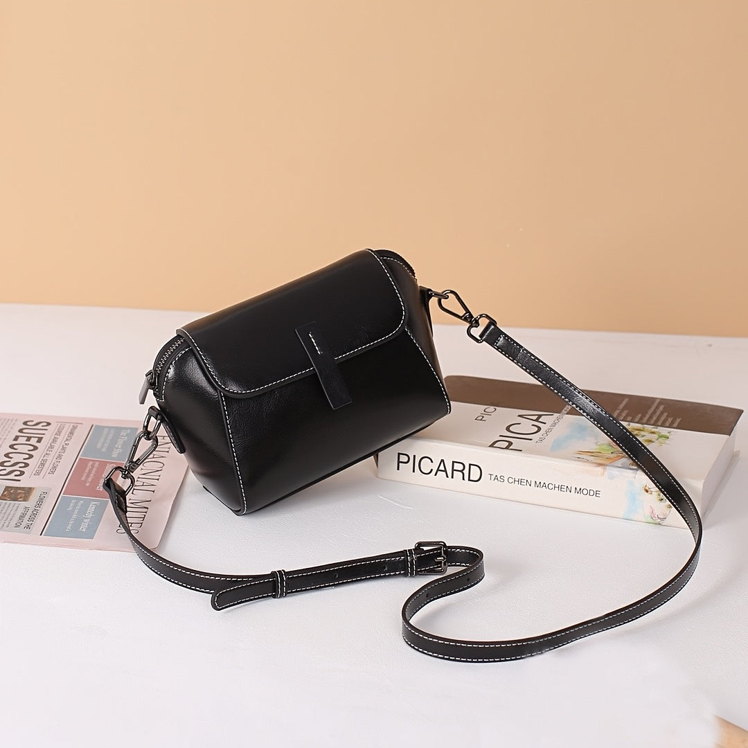Vintage Black Genuine Leather Shoulder Bag for Women - Adjustable Detachable Strap, Zipper & Magnetic Closure, Compact Crossbody Handbag for Phone & Essentials, Retro Style.