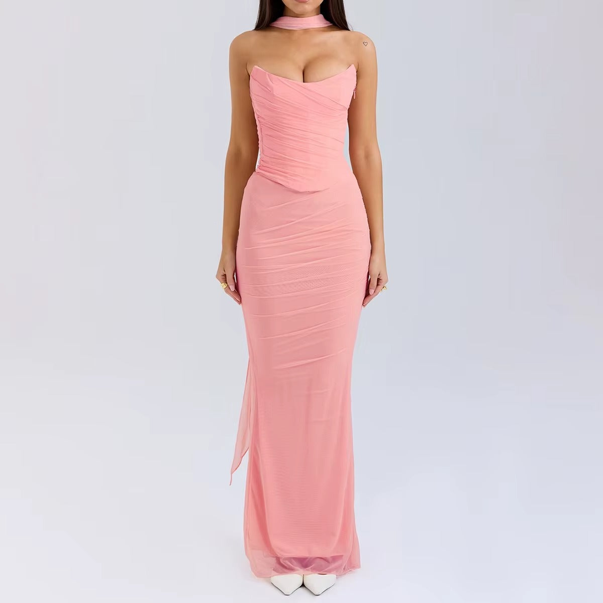 Elegant Mesh Patchwork Women's Strapless Top Vest Slim Sleeveless Long Skirt Temperament Party Evening Dress