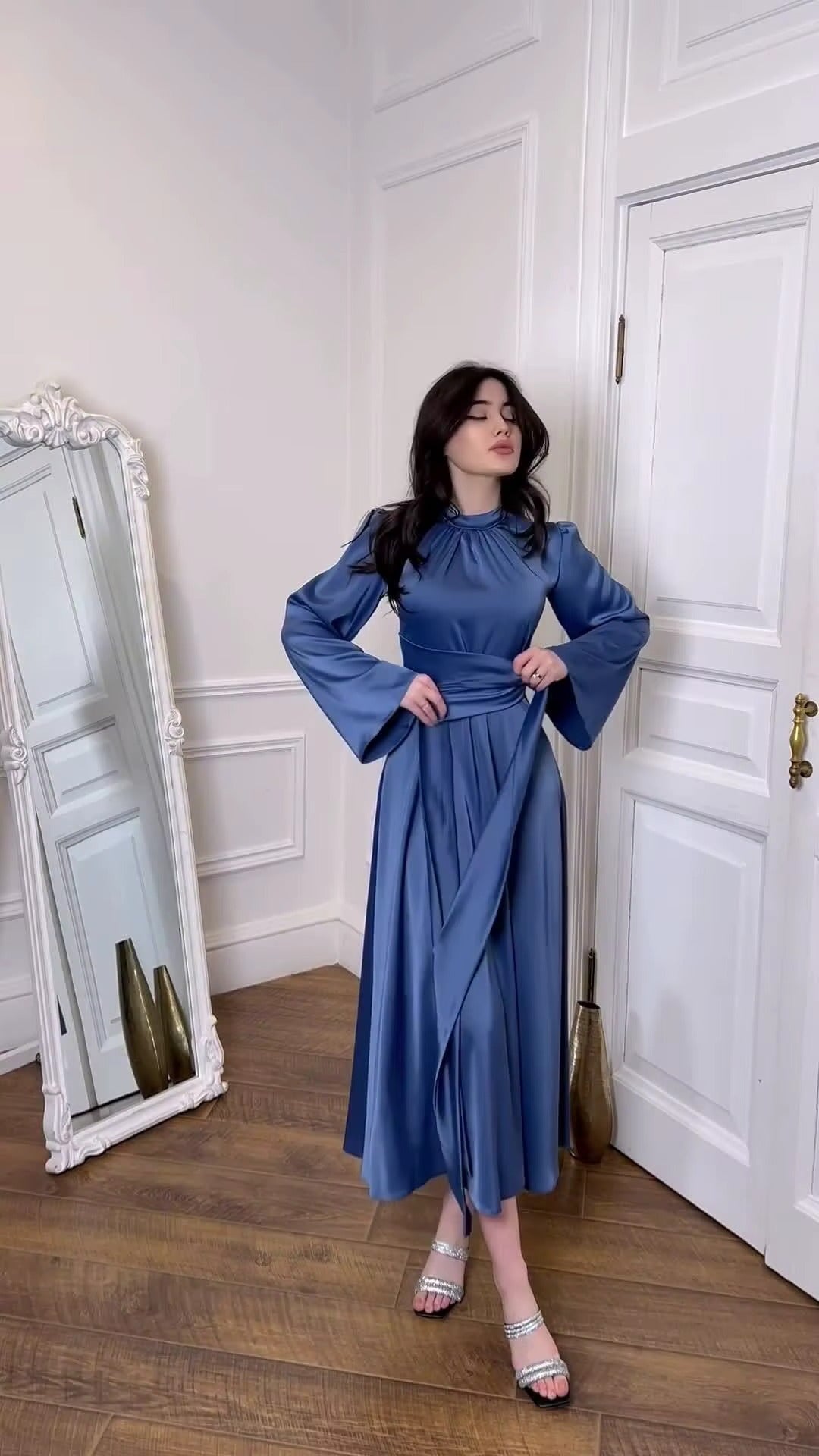 2025 Solid Color Satin Modest Dress Strap Waist Casual Muslim Dress Women Luxury Evening Abaya Dress