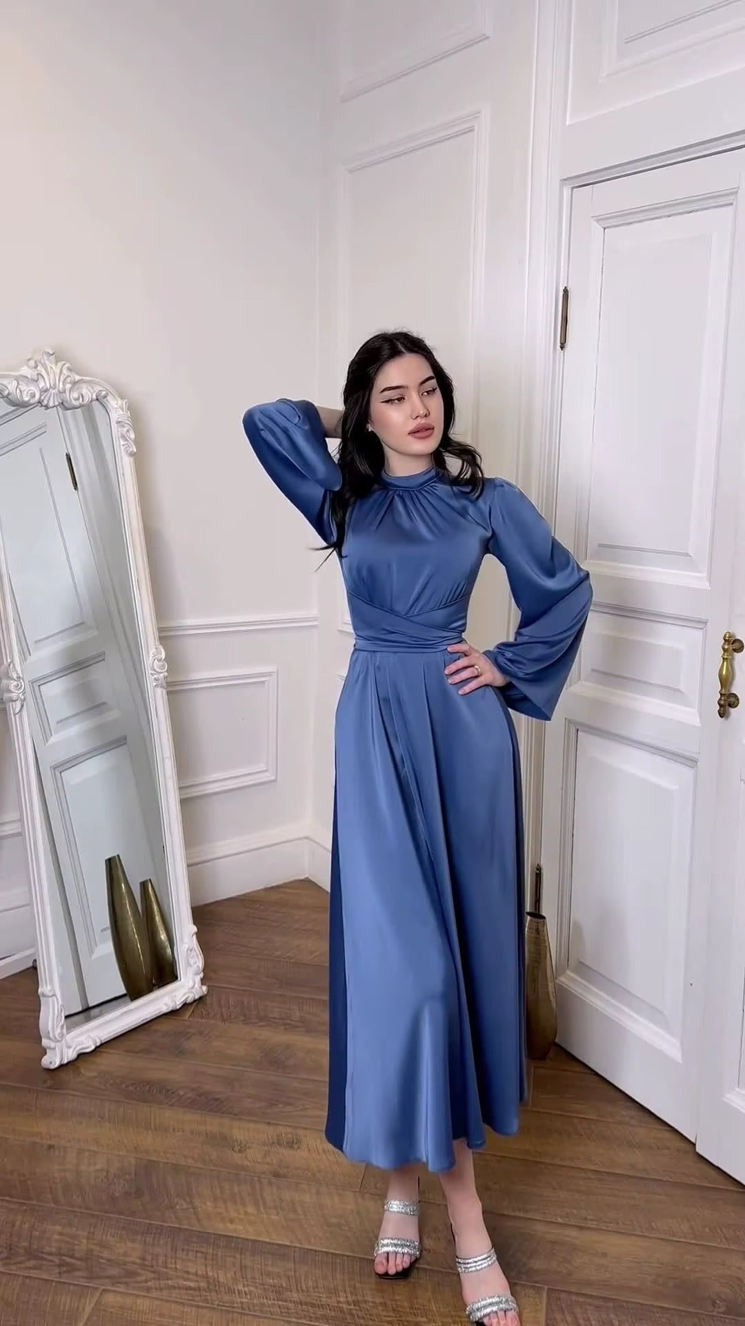2025 Solid Color Satin Modest Dress Strap Waist Casual Muslim Dress Women Luxury Evening Abaya Dress