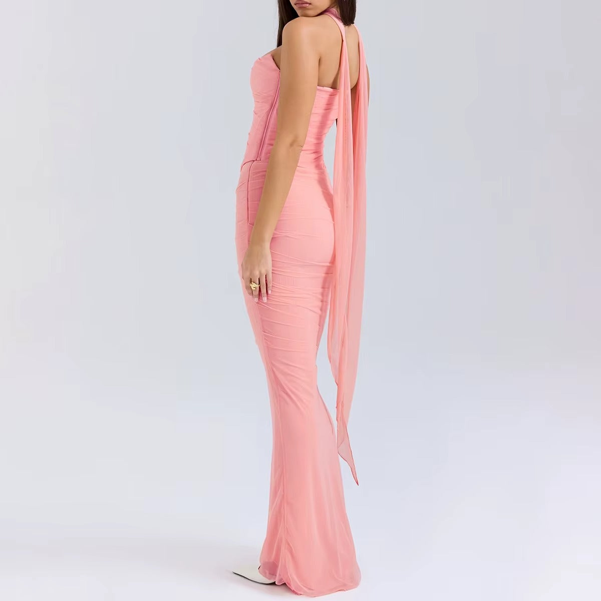 Elegant Mesh Patchwork Women's Strapless Top Vest Slim Sleeveless Long Skirt Temperament Party Evening Dress