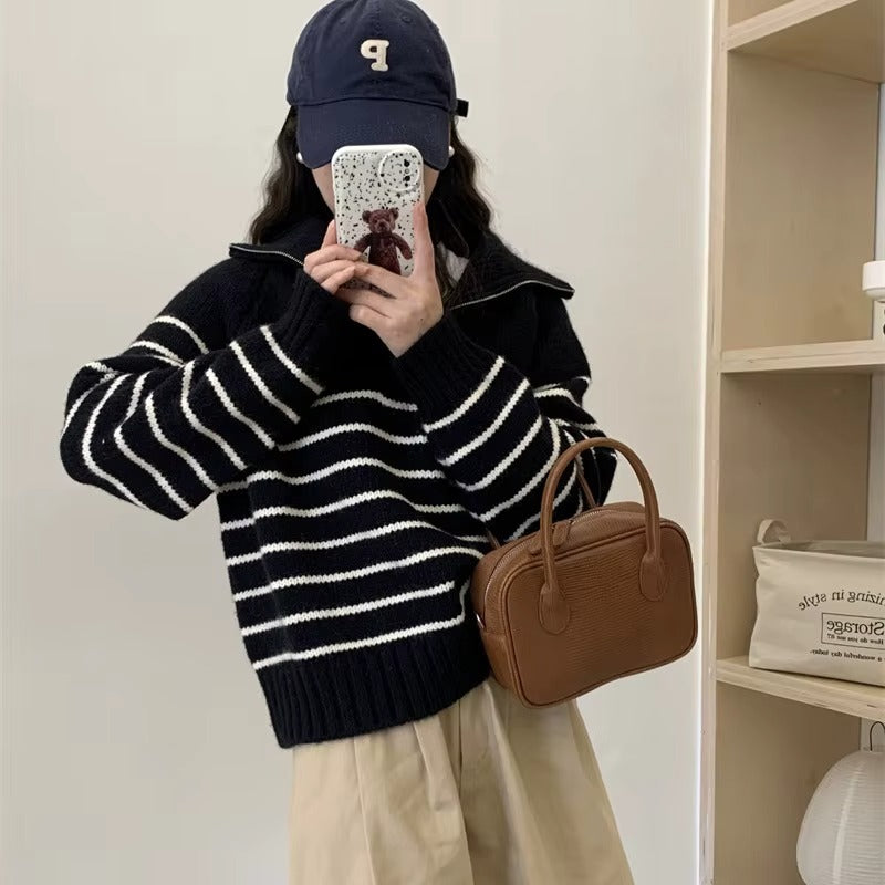 2025 Autumn Winter Casual Style New Loose Long Sleeve Pullover Sweater with Striped Half Zipper Lapel Front Logo Knit Sweater