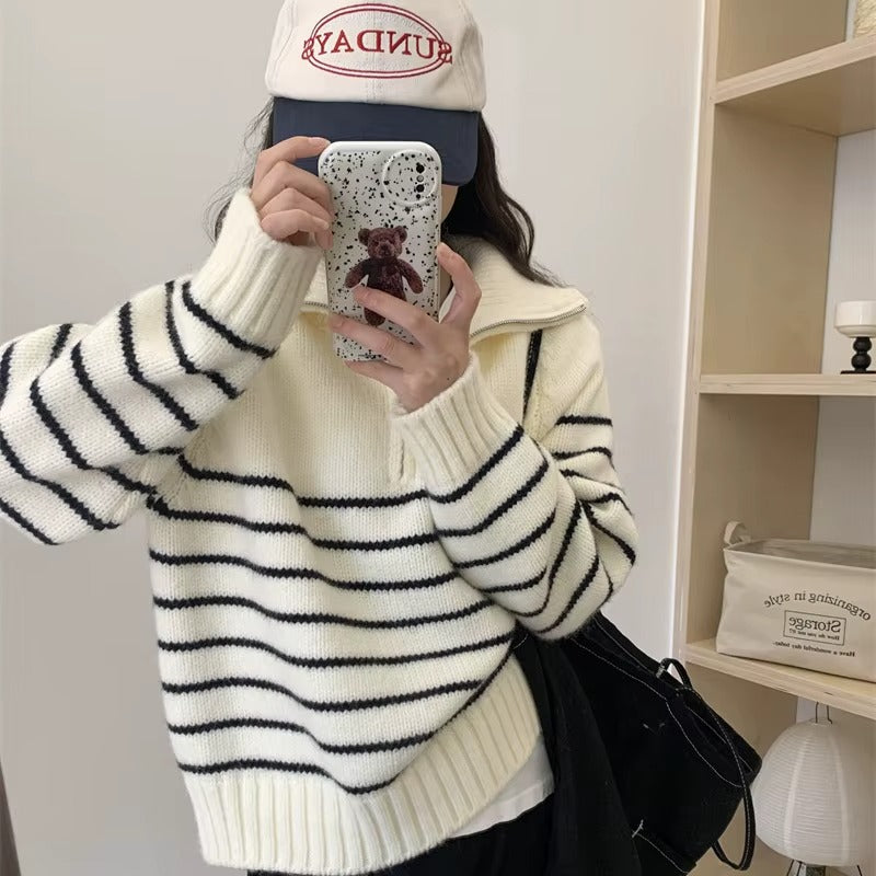 2025 Autumn Winter Casual Style New Loose Long Sleeve Pullover Sweater with Striped Half Zipper Lapel Front Logo Knit Sweater