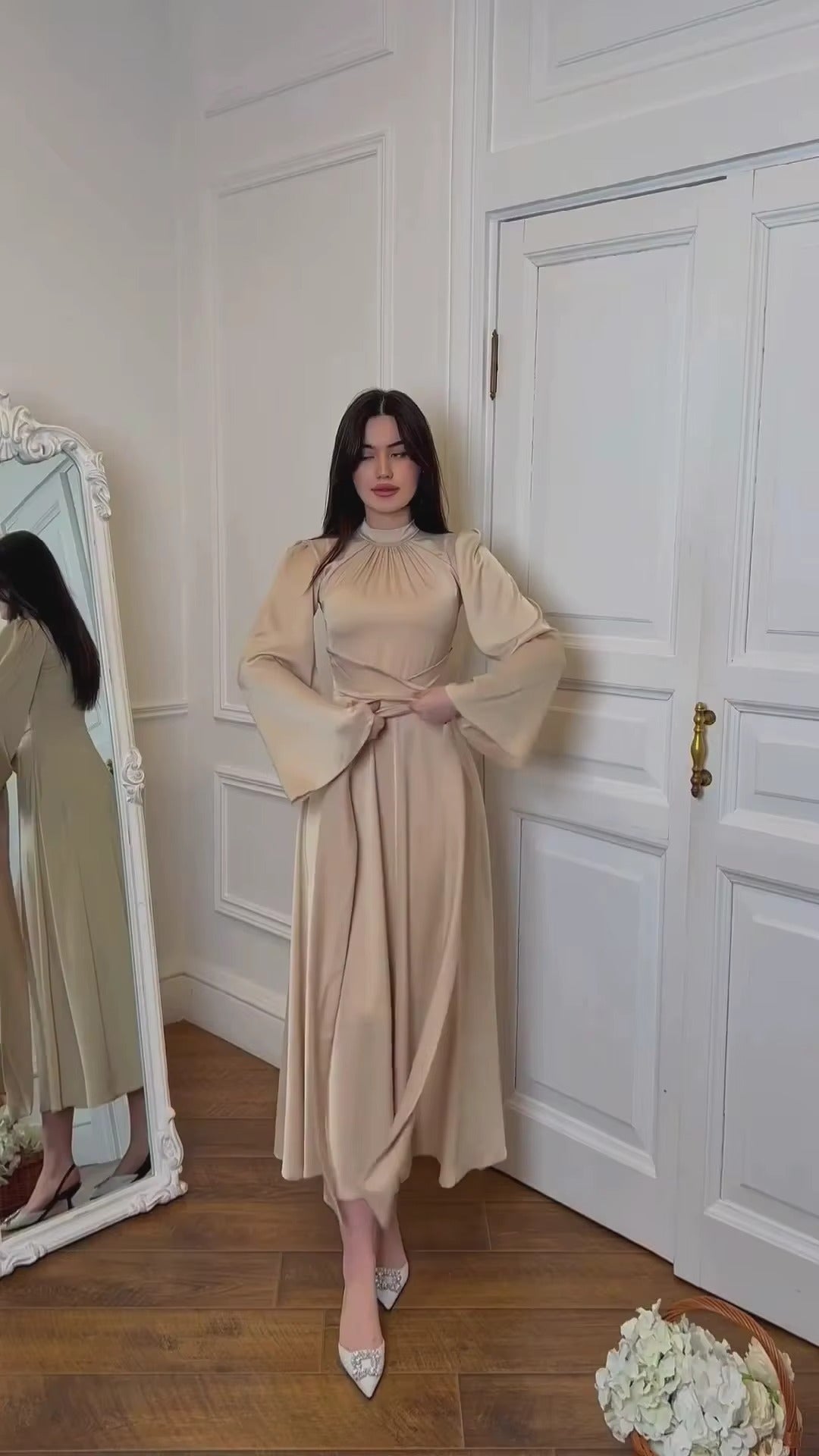 2025 Solid Color Satin Modest Dress Strap Waist Casual Muslim Dress Women Luxury Evening Abaya Dress