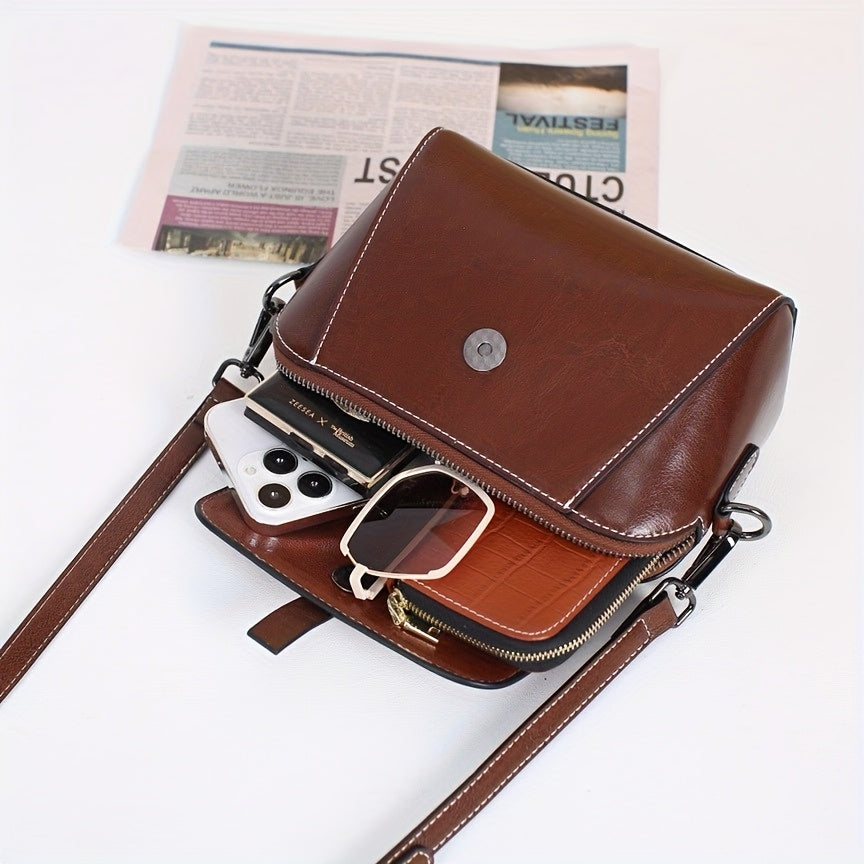 Vintage Black Genuine Leather Shoulder Bag for Women - Adjustable Detachable Strap, Zipper & Magnetic Closure, Compact Crossbody Handbag for Phone & Essentials, Retro Style.