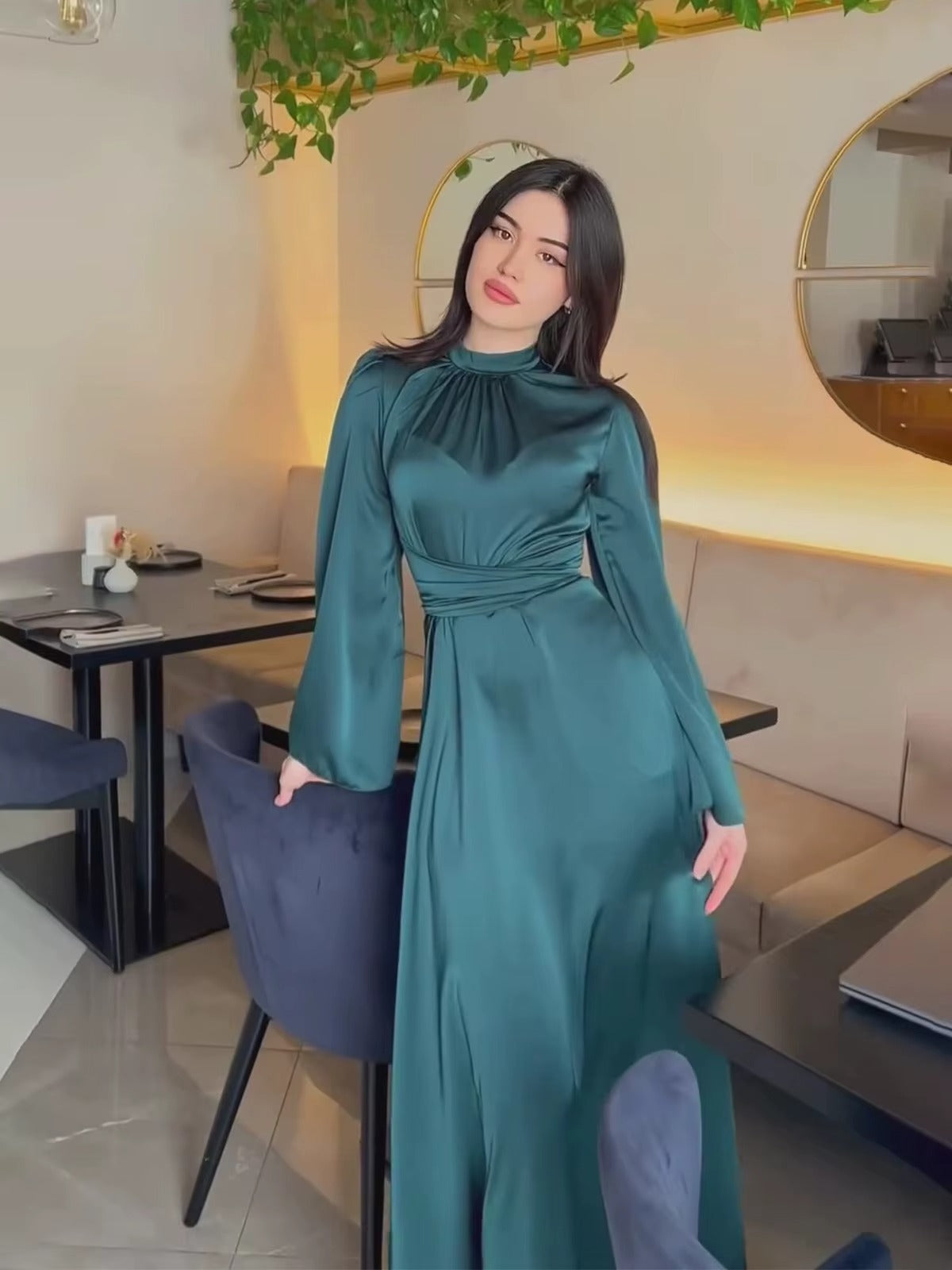 2025 Solid Color Satin Modest Dress Strap Waist Casual Muslim Dress Women Luxury Evening Abaya Dress