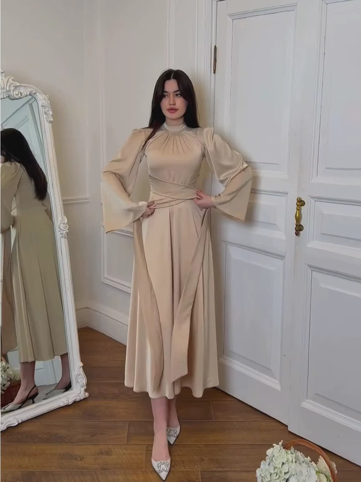 2025 Solid Color Satin Modest Dress Strap Waist Casual Muslim Dress Women Luxury Evening Abaya Dress
