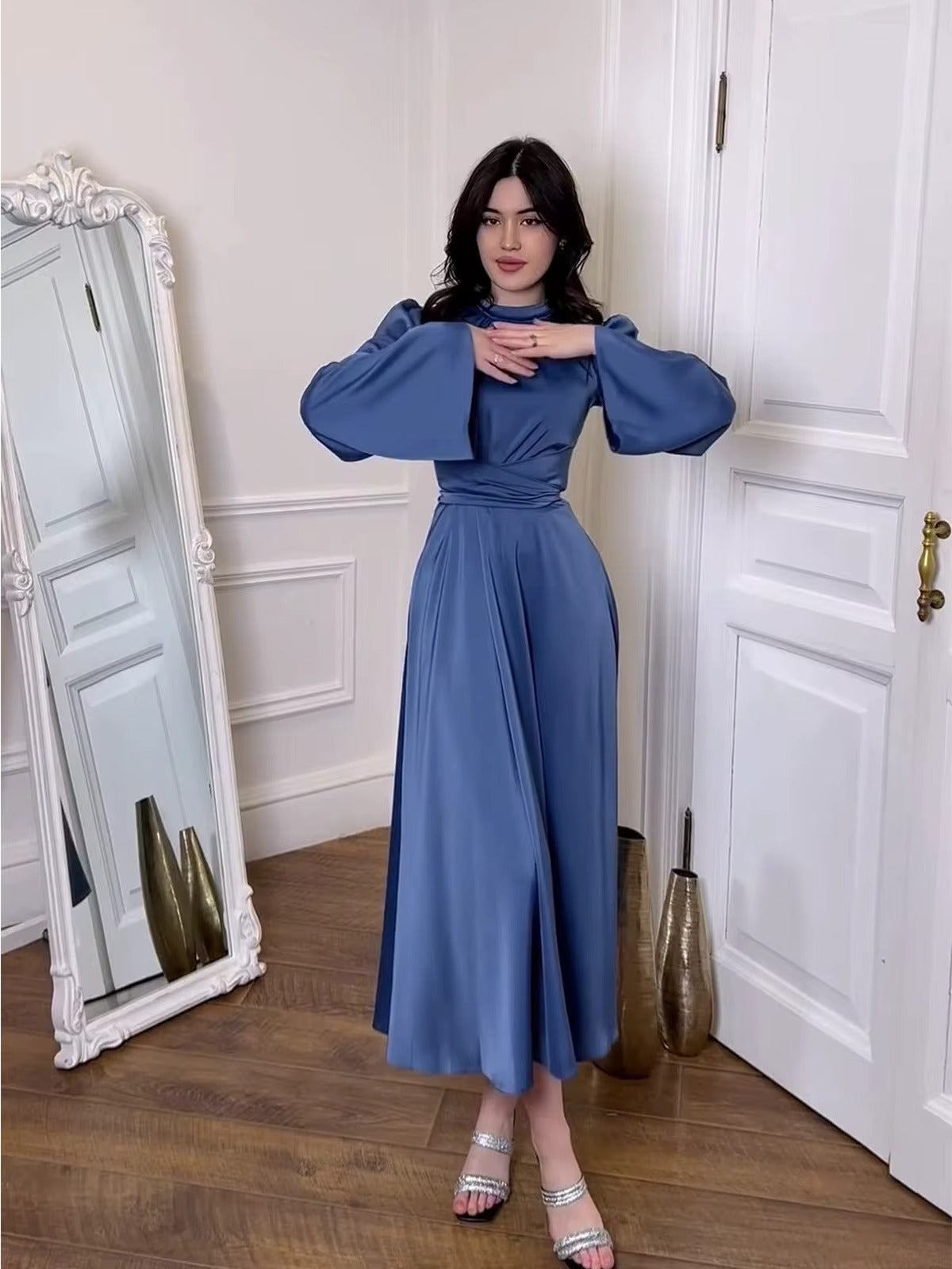 2025 Solid Color Satin Modest Dress Strap Waist Casual Muslim Dress Women Luxury Evening Abaya Dress