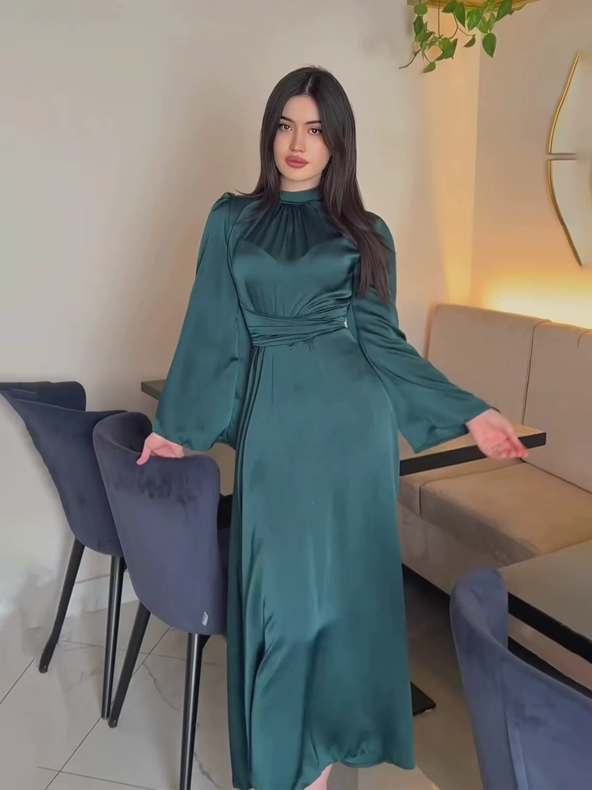 2025 Solid Color Satin Modest Dress Strap Waist Casual Muslim Dress Women Luxury Evening Abaya Dress