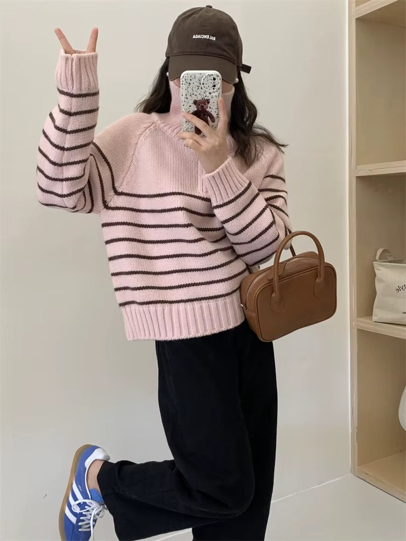2025 Autumn Winter Casual Style New Loose Long Sleeve Pullover Sweater with Striped Half Zipper Lapel Front Logo Knit Sweater