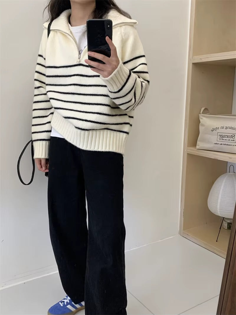 2025 Autumn Winter Casual Style New Loose Long Sleeve Pullover Sweater with Striped Half Zipper Lapel Front Logo Knit Sweater