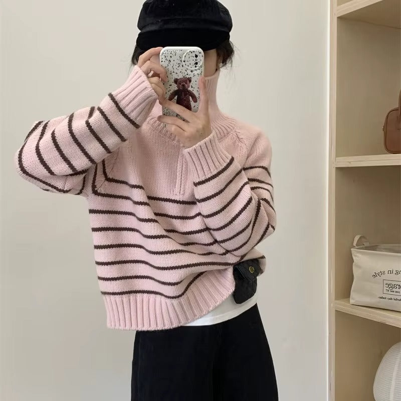 2025 Autumn Winter Casual Style New Loose Long Sleeve Pullover Sweater with Striped Half Zipper Lapel Front Logo Knit Sweater