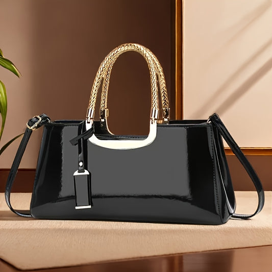 Elegant Black Patent Leather Evening Handbag - Golden-Tone Hardware & Top Handle, High-Quality for Weddings, Parties, Vacations - Women's Fashion Purse