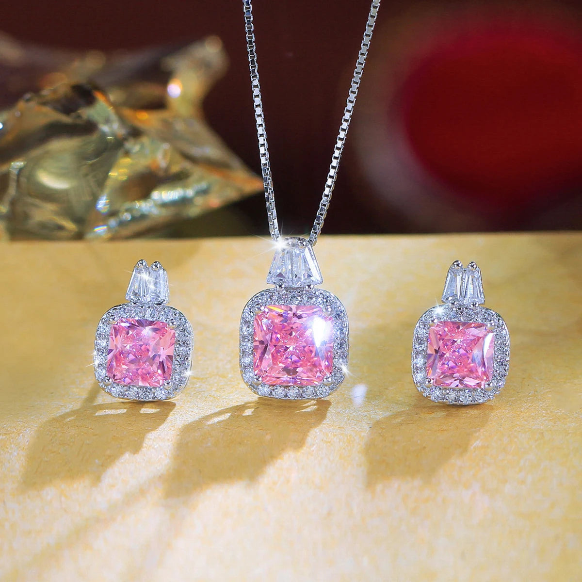 Discover Charming Real 925 Sterling Silver Cubic Zirconia Jewelry Set Pink CZ Square Pendant Earrings Jewelry Set for Women Banquet