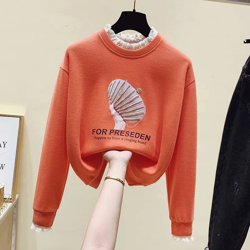 2025 Women Hoodies Fashionable  Long Sleeve Loose Hoodies Woman  Print O Neck Thick Pull Over Hoodies for Women
