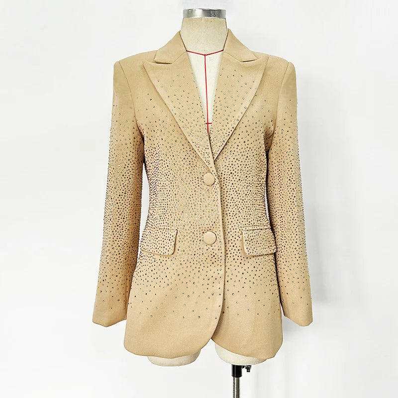 Women Diamond Crystal Beading Blazer for Women V-Neck  Formal Wear Jacket Beige Spring Autumn Style