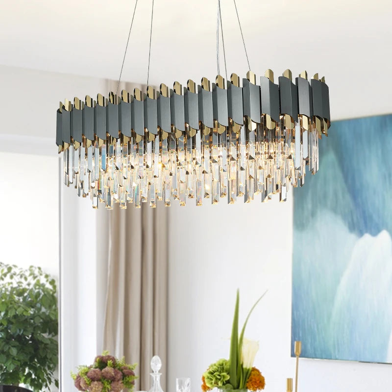 LED Art Deco Black Golden Stainless Steel Crystal Chandelier Hanging Lamp Lighting Lustre Pendant Lighting Fixture for Foyer